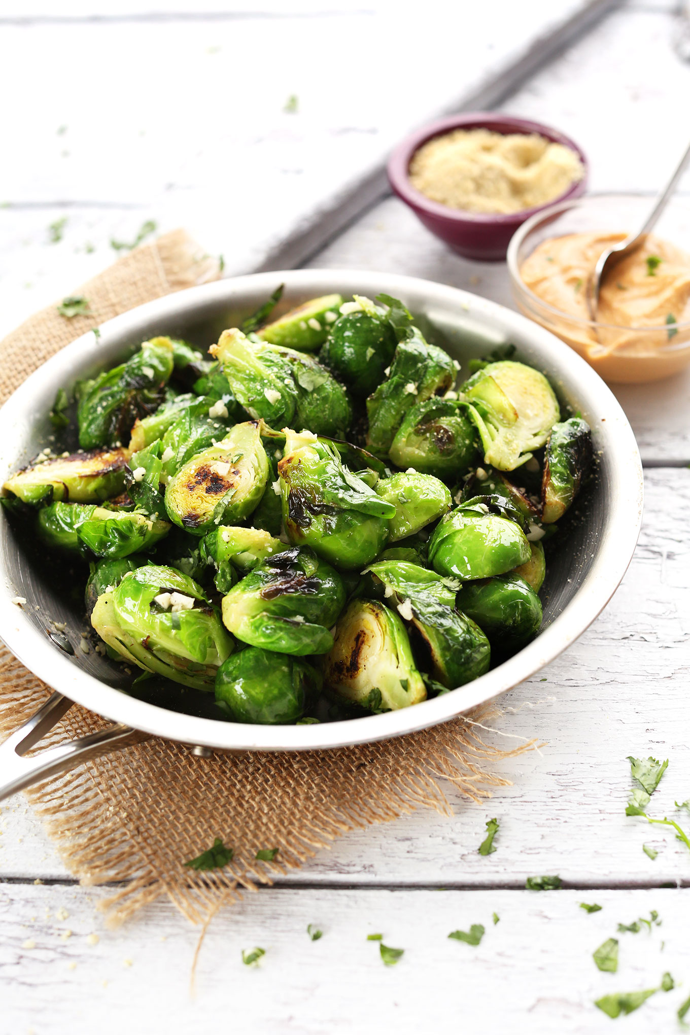 Pan of Crispy Roasted Brussels Sprouts ready to be enjoyed as a healthy vegan appetizer
