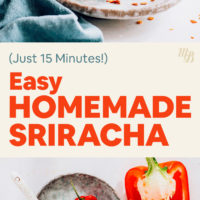 Ingredients and jar of homemade sriracha